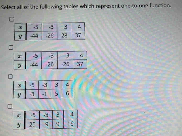 Select all of the following tables which represent one-to-one function.