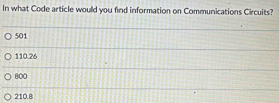 In what Code article would you find information on Communications Circuits?
501
110.26
800
210.8