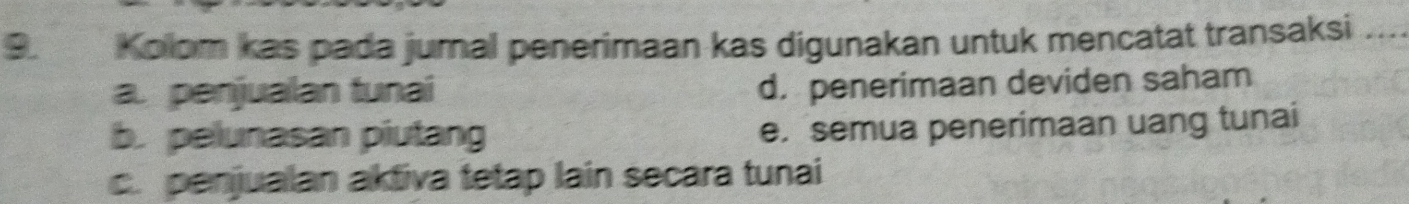 Kolom kas pada jumal penerimaan kas digunakan untuk mencatat transaksi
a. penjualan tunai
d. penerimaan deviden saham
b. pelunasan piutang e. semua penerimaan uang tunai
c. penjualan aktiva tetap lain secara tunai