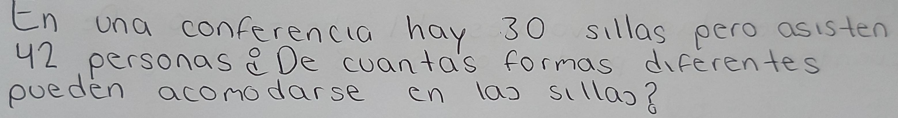 En una conferencia hay 30 sillas pero asisten
42 personas 8De cuanta's formas diferentes 
eoeden aconodarse on las sillas?