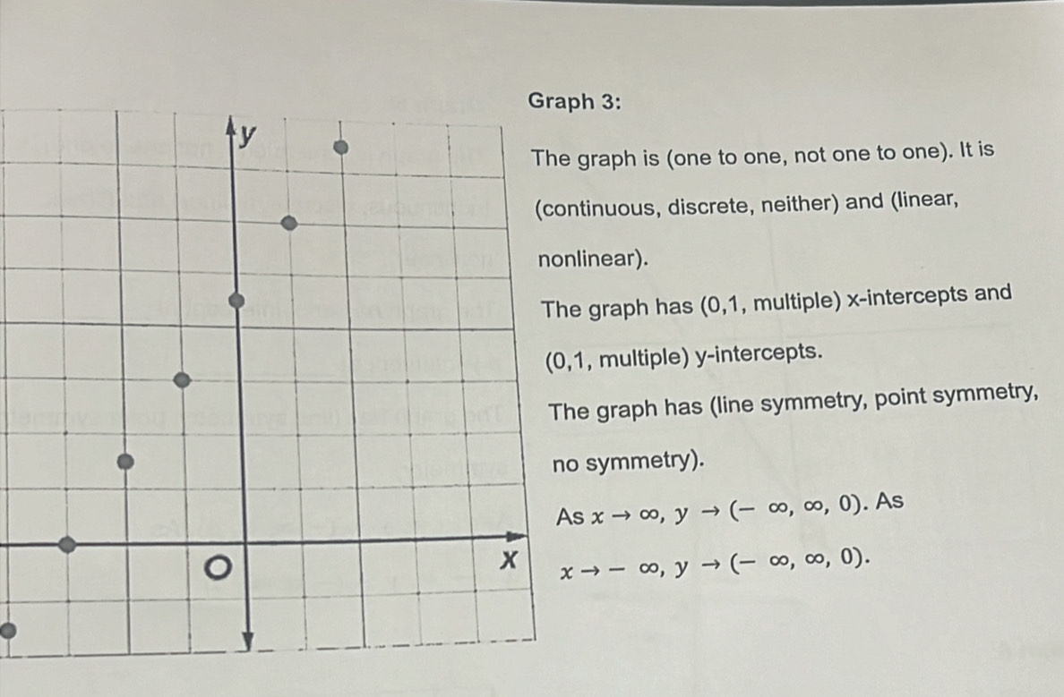 Graph 3:
raph is (one to one, not one to one). It is
inuous, discrete, neither) and (linear,
near).
graph has (0, 1, multiple) x-intercepts and
multiple) y-intercepts.
graph has (line symmetry, point symmetry,
symmetry).
xto ∈fty , yto (-∈fty ,∈fty ,0). As
xto -∈fty , yto (-∈fty ,∈fty ,0).