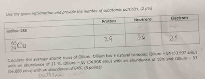 on and provide the number of subatomic particles. (2 pts)
Calculate the average atomic mass of Ollium. Ollium has 3 natural isotopes: Ollium -
with an abundance of 21 %, Ollium - 55 (54.908 amu) with an abundance of 15% and Ollium - 57
(56.889 amu) with an abundance of 64%. (3 points)