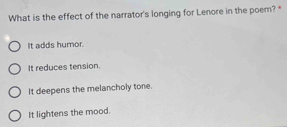 What is the effect of the narrator's longing for Lenore in the poem? *
It adds humor.
It reduces tension.
It deepens the melancholy tone.
It lightens the mood.