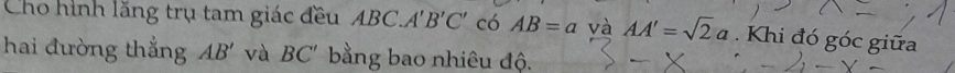 Cho hình lăng trụ tam giác đều ABC.A'B'C' có AB=a và AA'=sqrt(2)a. Khi đó góc giữa 
hai đường thắng AB' và BC' bằng bao nhiêu độ.