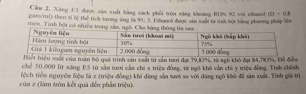 Cầu 2. Xăng E5 được sản xuất bằng cách phối trộn xăng khoáng RON 92 với ethanol (D=0,8
gam/ml) theo tỉ lệ thể tích tương ứng là 95:5 5. Ethanol được sản xuất từ tinh bột bằng phương pháp lên 
men. Tinh bột có nhiều trong sắn 
u suất của toàn bộ quá trình sản xuất từ sắn tươi đạt 79,83%, từ ngô khô đạt 84,783%. Để điều 
chế 50.000 lít xăng E5 từ sắn tươi cần chi x triệu đồng, từ ngô khô cần chi y triệu đồng. Tính chênh 
lệch tiền nguyên liệu là z (triệu đồng) khi dùng sắn tươi so với dùng ngô khô để sản xuất. Tính giá trị 
của z (làm tròn kết quả đến phần triệu).