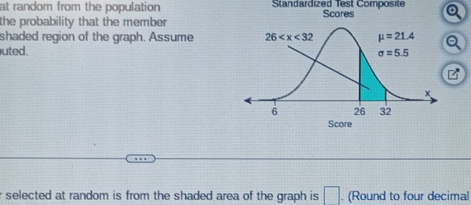 at random from the population Standardized Test Composite
Scores
the probability that the member 
shaded region of the graph. Assume
uted. 
 
r selected at random is from the shaded area of the graph is. □. (Round to four decimal