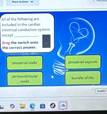 More Actions Previous
All of the following are
included in the cardiac
electrical conduction system
except_
Drag the switch onto
the correct answer.
sinoatrial node sinoatrial septum
atrioventricular bundle of His
node
SUBMIT