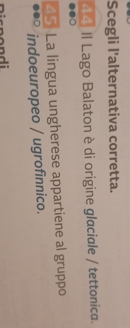 Scegli l’alternativa corretta. 
44 Il Lago Balaton è di origine glaciale / tettonica. 
45 La lingua ungherese appartiene al gruppo 
indoeuropeo / ugrofinnico. 
isn o n d i