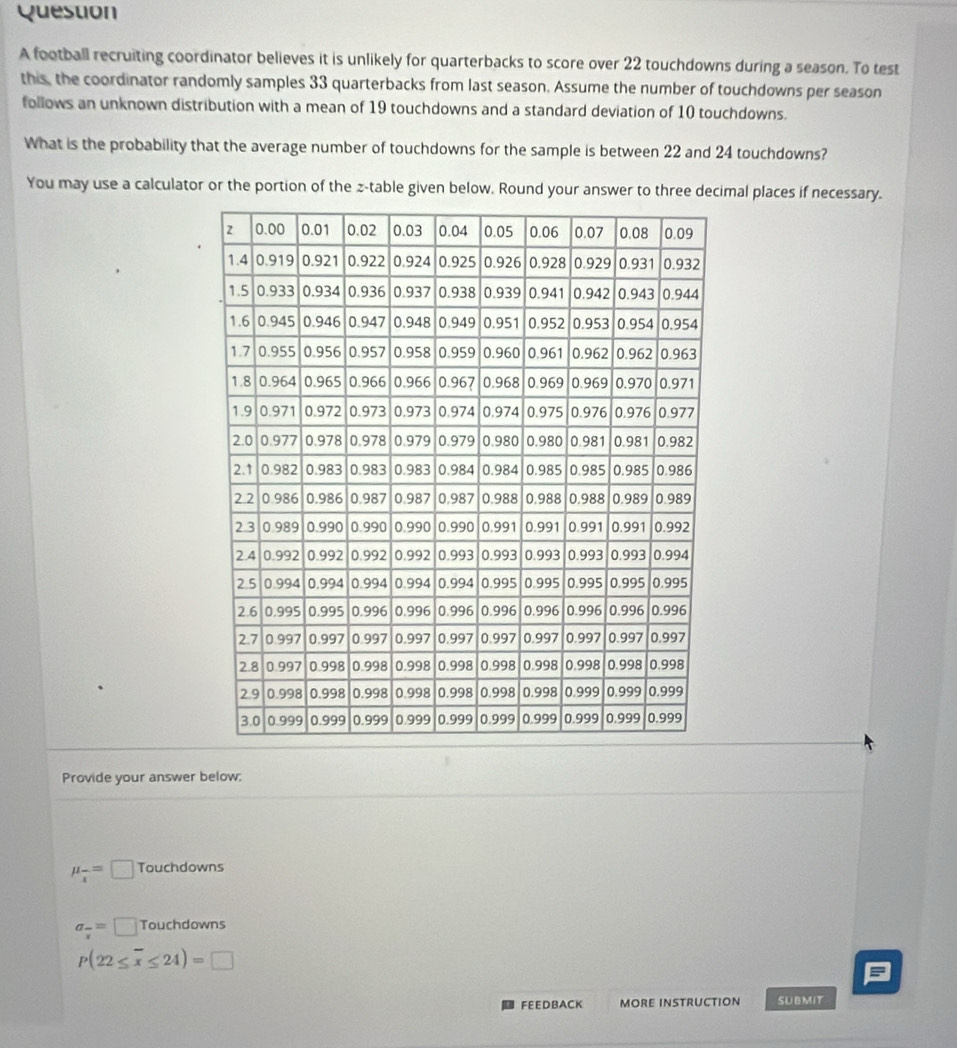 football recruiting coordinator believes it is unlikely for quarterbacks to score over 22 touchdowns during a season. To test 
this, the coordinator randomly samples 33 quarterbacks from last season. Assume the number of touchdowns per season 
follows an unknown distribution with a mean of 19 touchdowns and a standard deviation of 10 touchdowns. 
What is the probability that the average number of touchdowns for the sample is between 22 and 24 touchdowns? 
You may use a calculator or the portion of the z -table given below. Round your answer to three decimal places if necessary. 
Provide your answer below:
mu _overline x=□ Touchdowns
sigma _overline x=□ Touchdowns
P(22≤ overline x≤ 24)=□
FEEDBACK MORE INSTRUCTION SUBMIT