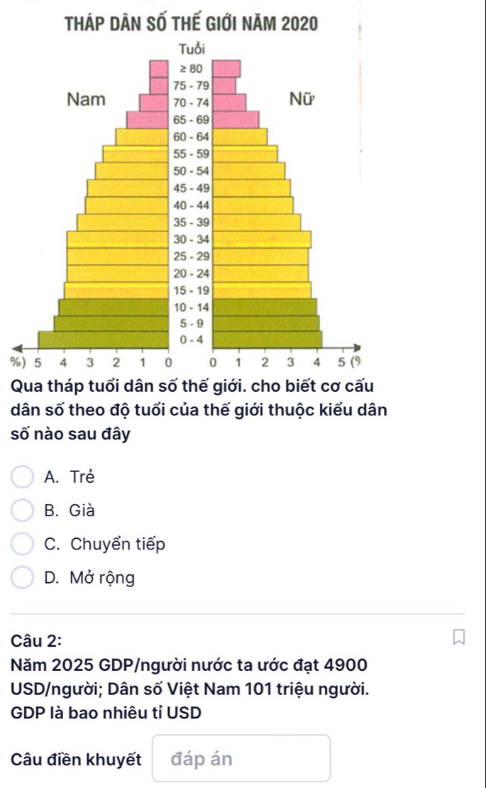 Tháp dân số thế giới năm 2020
%
Q
dân số theo độ tuổi của thế giới thuộc kiểu dân
số nào sau đây
A. Trẻ
B. Già
C. Chuyển tiếp
D. Mở rộng
Câu 2:
Năm 2025 GDP/người nước ta ước đạt 4900
USD/người; Dân số Việt Nam 101 triệu người.
GDP là bao nhiêu tỉ USD
Câu điền khuyết đáp án