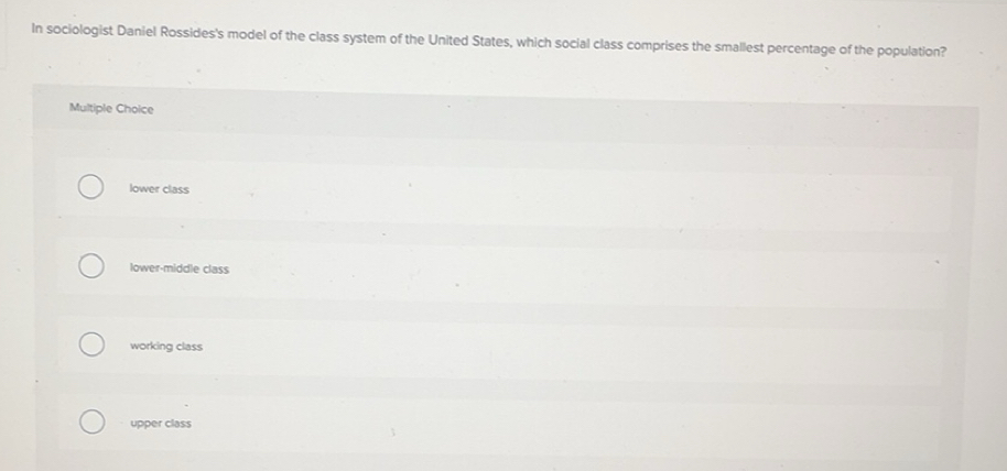Solved: In sociologist Daniel Rossides's model of the class system of ...