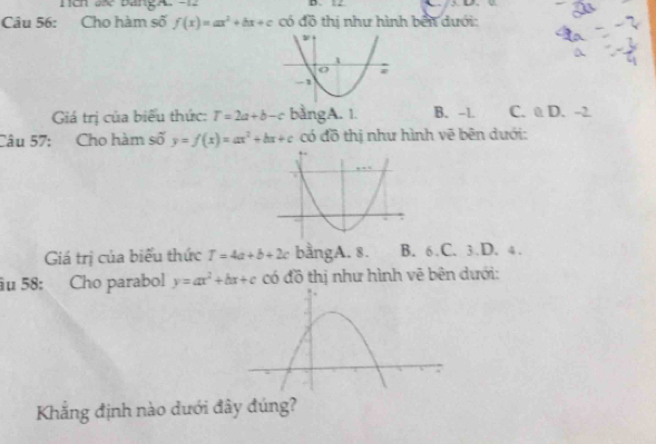 Tich a BangA -12 D. 1 2 3. D
Câu 56: Cho hàm số f(x)=ax^2+bx+c có đồ thị như hình bên dưới:
Giá trị của biểu thức: T=2a+b-c bằngA. 1. B. -1. C. 0 D. -2
Câu 57: Cho hàm số y=f(x)=ax^2+bx+c có đồ thị như hình vẽ bên dưới:
Giá trị của biểu thức T=4a+b+2c bằngA. 8. B. 6. C. 3. D. 4.
âu 58: Cho parabol y=ax^2+bx+c có đồ thị như hình vẽ bên dưới:
Khẳng định nào dưới đây đúng?