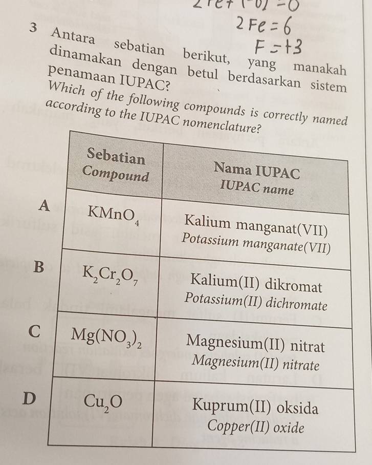 Antara sebatian berikut, yang manakah
dinamakan dengan betul berdasarkan sistem
penamaan IUPAC?
Which of the following compounds is correctly na
according to the IUPA
C
D