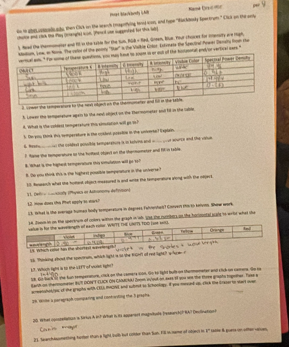 Pret Blacklunly LAB Namé Daxé ee
Go in phet comrade edy, then Click on the search (magnifying lons) icon, and type "Blackbodly Spectrum." Cick on the only
cholle and click the Play (mangle) icon. [Pencil use suggested for this lab]
1 Read the thenmometer and fill in the table for the Sun, RGD « Red, Green, Blue. Your choices for intensity are High,
or None. The color of the pointy “Star” is the Visible Color: Estimate the Spectral Power Density from the
out of the horizontal and/or vertical axes."
2. Lower the temperature to t
3. Lower the temperature again to the next object on the thermometer and fill in the table.
4. What is the coldest temperature this simulation will go to?
5. Do you think this temperature is the coldest possible in the universe? Explain.
6. Reseer amat the coldest possible temperature is in kelvins and  your source and the value.
7 Raise the temperature to the hottest object on the thermometer and fill in table.
8. What is the highest temperature this simulation will go to?
B. Do you think this is the highest possible temperature in the universe?
10. Research what the hottest object measured is and write the temperature along with the object.
11. Defice deosbody (Physics or Astronomy definition)
12. How does this Phet apply to stars?
13. What is the average human body temperature in degrees Fahrenheit? Convert this to kelvins. Show work.
14. Zoom in on the spectrum of colors withm the graph in lab. Use the numbers on the horizontal scaie to write what the
HE UNITS TOO (see axis),
15. Which color has t
16. Thinking about the spectrum, which light is to the RIGHT of red light? w om
17. Which light is to the LEFT of violet light?
18. Go back to the Sun temperature, click on the camera icon. Go to light bulb on thermometer and click on camera. Go to
Earth on thermometer BUT DON'T CLICK ON CAMERA! 2oom in/out on axes til you see the three graphs together. Take a
screenshot/pic of the graphs with CELL PHONE and submit to Schoology. If you messed up, click the Eraser to start over
19. Wite a paragraph comparing and contrasting the 3 graphs
20. What constellation is Sirius A in? What is its apparent magnitude (research)? RA7 Declination?
a na o
21. Search4something hotter than a light buib but colder than Sun. Fill in name of object in 1° table & guess on other values.