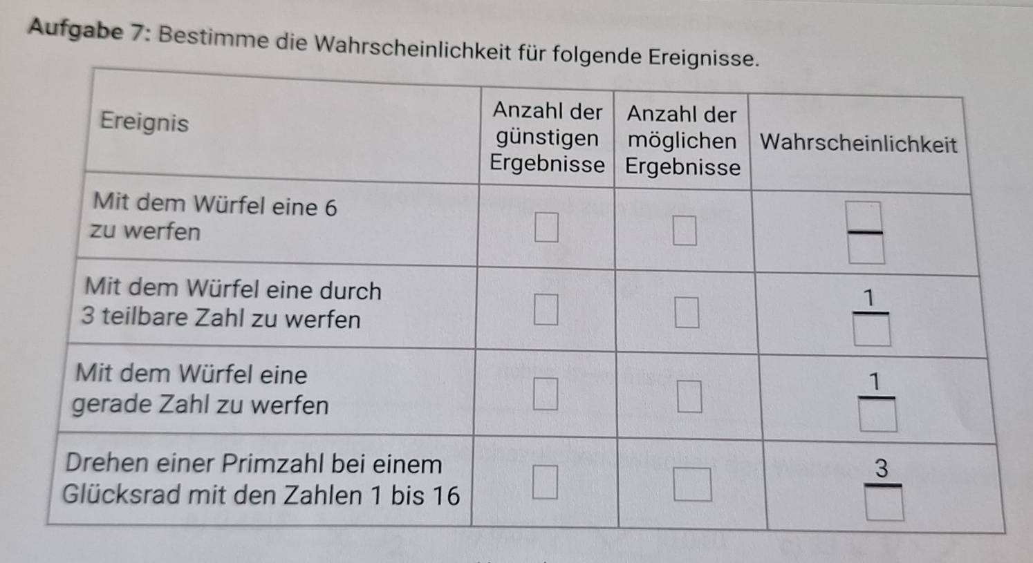 Aufgabe 7: Bestimme die Wahrscheinlichkeit für f