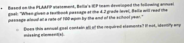 Solved: Based on the PLAAFP statement, Bella's IEP team developed the ...