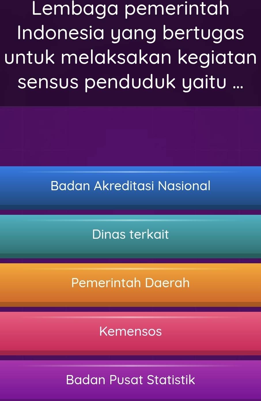 Lembaga pemerintah
Indonesia yang bertugas
untuk melaksakan kegiatan
sensus penduduk yaitu ...
Badan Akreditasi Nasional
Dinas terkait
Pemerintah Daerah
Kemensos
Badan Pusat Statistik