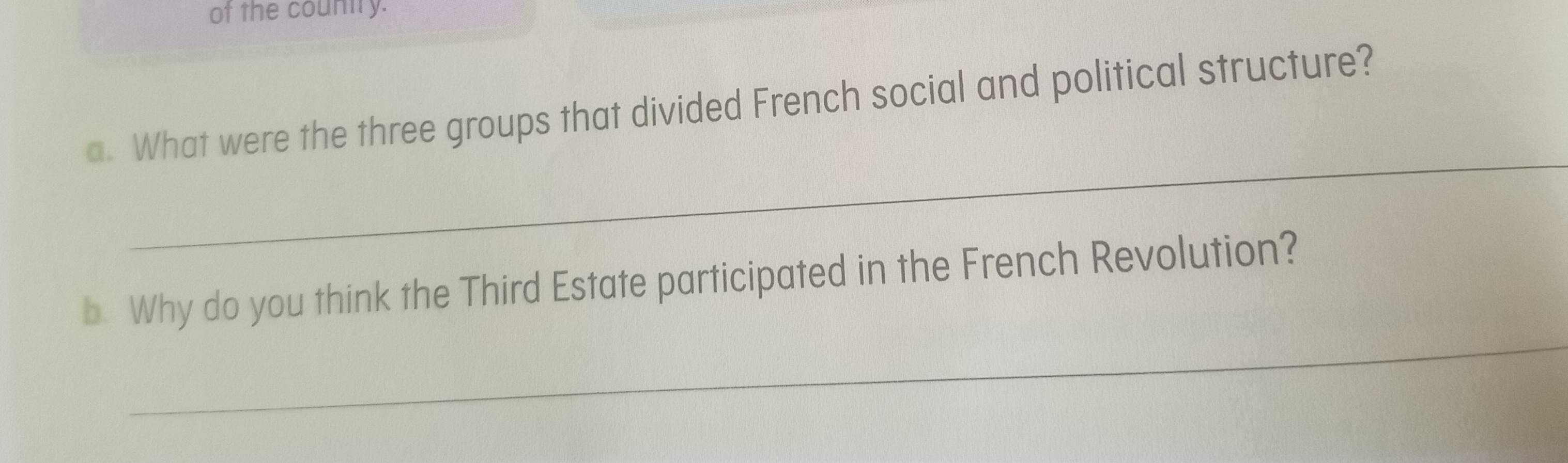 of the country. 
a. What were the three groups that divided French social and political structure? 
_ 
_ 
b Why do you think the Third Estate participated in the French Revolution?