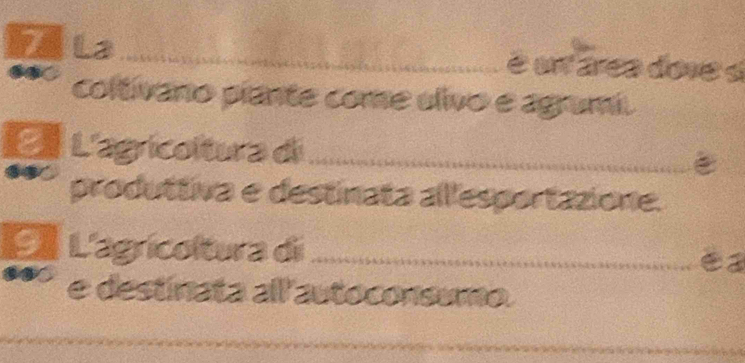 FALa _é um área dove s 
coltivano piante come ulivo e agrumi. 
E L'agricoltura di_ è 
produttiva e destinata allesportazione. 
L L'agrícoltura di_ 
e destinata all autoconsumo. 
_