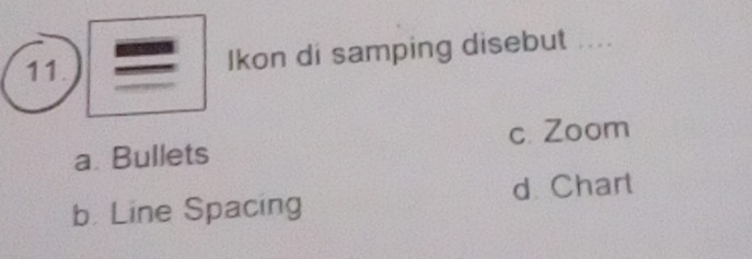 Ikon di samping disebut ....
c. Zoom
a. Bullets
d. Chart
b. Line Spacing