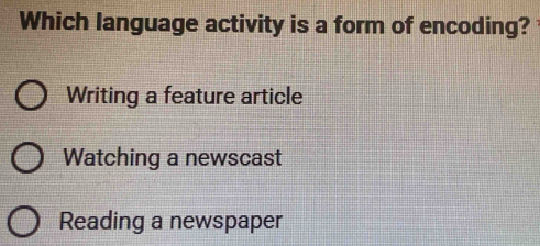 Which language activity is a form of encoding?
Writing a feature article
Watching a newscast
Reading a newspaper