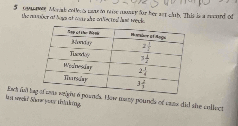 chaLLenGe Mariah collects cans to raise money for her art club. This is a record of
the number of bags of cans she collected last week.
Each full bounds. How many pounds of cans did she collect
last week? Show your thinking.