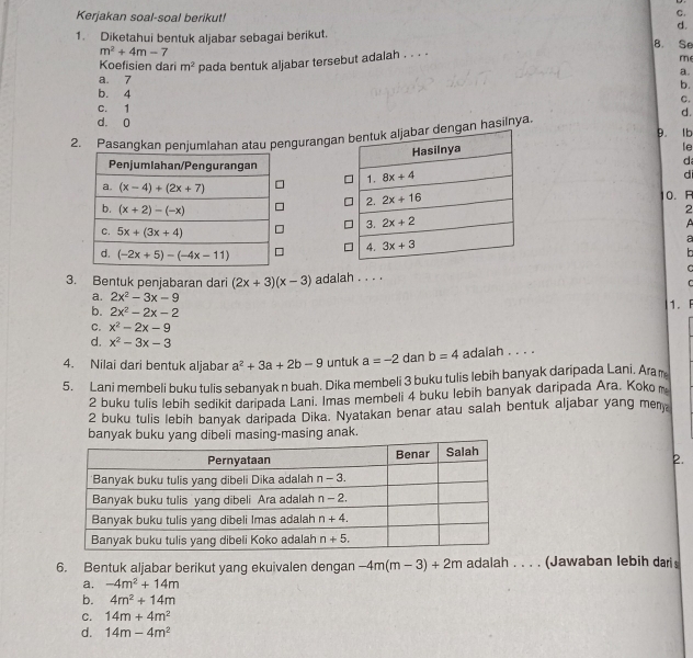 Kerjakan soal-soal berikut!
C.
d.
1. Diketahui bentuk aljabar sebagai berikut. B. Se
m^2+4m-7
Koefisien dari m^2 pada bentuk aljabar tersebut adalah . . . .
me
a.
a. 7 b.
b. 4 C.
c. 1 d.
d. 0
9. Ib
2. Pasangkan penjumlahan atau pengurangann hasilnya.
le
d
d
10. R
2
A
h
a
C
3. Bentuk penjabaran dari (2x+3)(x-3) adalah . . . .

a. 2x^2-3x-9
b. 2x^2-2x-2 1. F
C. x^2-2x-9
d. x^2-3x-3
4. Nilai dari bentuk aljabar a^2+3a+2b-9 untuk a=-2 dan b=4 adalah . . . .
5. Lani membeli buku tulis sebanyak n buah. Dika membeli 3 buku tulis lebih banyak daripada Lani. Aram
2 buku tulis lebih sedikit daripada Lani. Imas membeli 4 buku lebih banyak daripada Ara. Koko m
2 buku tulis lebih banyak daripada Dika. Nyatakan benar atau salah bentuk aljabar yang men,
banyak buku yang dibeli masing-masing anak.
2.
6. Bentuk aljabar berikut yang ekuivalen dengan -4m(m-3)+2m adalah . . . . (Jawaban lebih dari
a. -4m^2+14m
b. 4m^2+14m
C. 14m+4m^2
d. 14m-4m^2