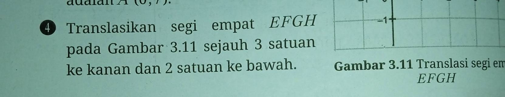 ④ Translasikan segi empat EFGH
-1
pada Gambar 3.11 sejauh 3 satuan 
ke kanan dan 2 satuan ke bawah. Gambar 3.11 Translasi segi em
EFGH