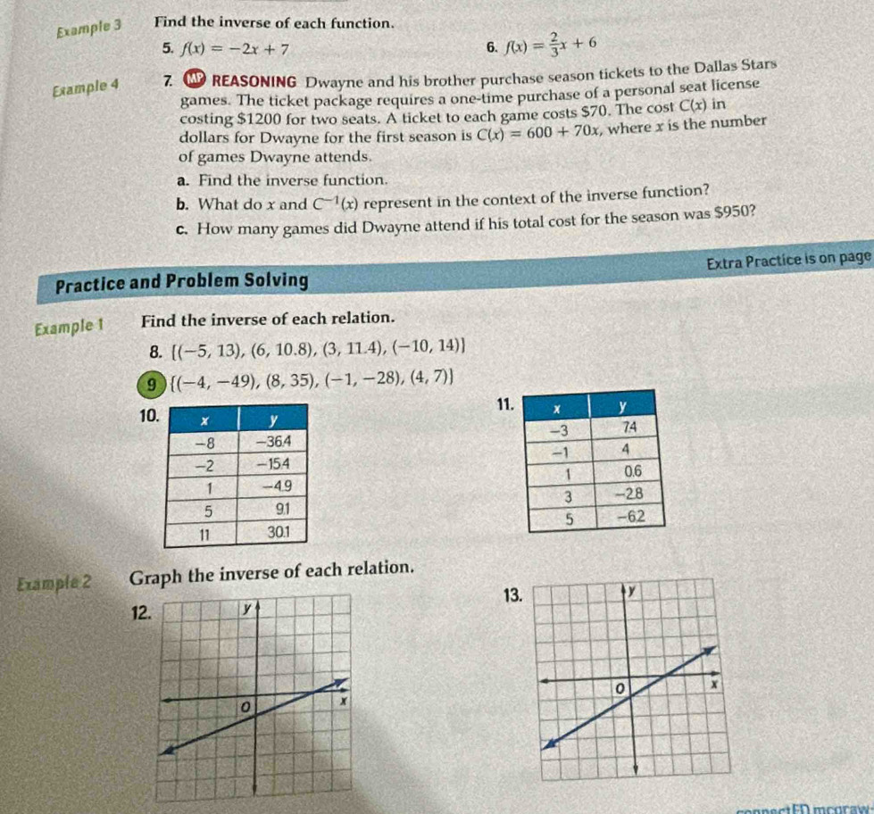 Example 3 Find the inverse of each function. 
5. f(x)=-2x+7 6. f(x)= 2/3 x+6
Example 4 7. C REASONING Dwayne and his brother purchase season tickets to the Dallas Stars 
games. The ticket package requires a one-time purchase of a personal seat license 
costing $1200 for two seats. A ticket to each game costs $70. The cost C(x) in 
dollars for Dwayne for the first season is C(x)=600+70x , where x is the number 
of games Dwayne attends. 
a. Find the inverse function. 
b. What do x and C^(-1)(x) represent in the context of the inverse function? 
c. How many games did Dwayne attend if his total cost for the season was $950? 
Practice and Problem Solving Extra Practice is on page 
Example 1 Find the inverse of each relation. 
8.  (-5,13),(6,10.8),(3,11.4),(-10,14)
9  (-4,-49),(8,35),(-1,-28),(4,7)
11 
10 




Example 2 Graph the inverse of each relation. 
13 
12 
connectFD mcoraw: