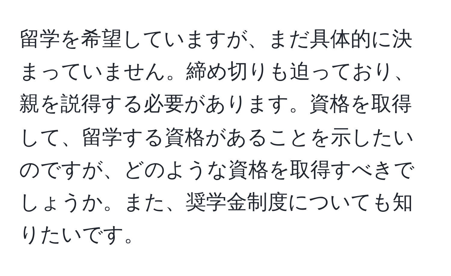 留学を希望していますが、まだ具体的に決まっていません。締め切りも迫っており、親を説得する必要があります。資格を取得して、留学する資格があることを示したいのですが、どのような資格を取得すべきでしょうか。また、奨学金制度についても知りたいです。