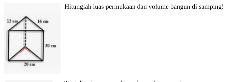 Hitunglah luas permukaan dan volume bangun di samping!