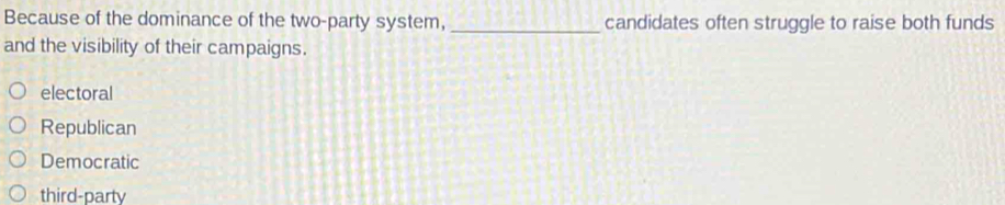 Because of the dominance of the two-party system, _candidates often struggle to raise both funds
and the visibility of their campaigns.
electoral
Republican
Democratic
third-party