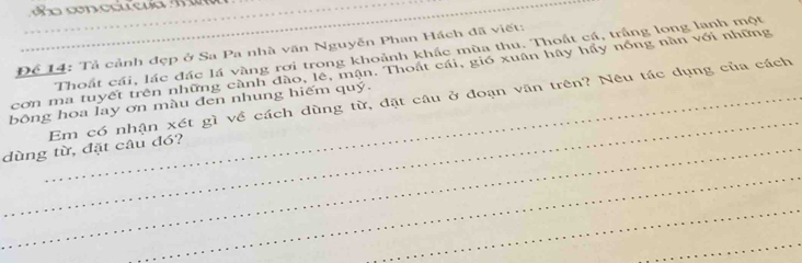 Để 14: Tả cảnh đẹp ở Sa Pa nhà văn Nguyễn Phan Hách đã viết: 
_Thoất cái, lác đác lá vàng rơi trong khoảnh khắc mùa thu. Thoắt cá, trắng long lanh một 
cơn ma tuyết trên những cành đào, lê, mận. Thoất cái, gió xuân hây hầy nổng nàn với những 
_ 
bông hoa lay ơn màu đen nhung hiếm quý. Em có nhận xét gì về cách dùng từ, đặt câu ở đoạn văn trên? Nêu tác dụng của cách 
_dùng từ, đặt câu đó? 
_ 
_ 
_