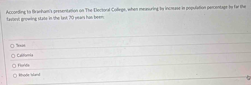 According to Branham's presentation on The Electoral College, when measuring by increase in population percentage by far the
fastest growing state in the last 70 years has been:
Texas
California
Florida
Rhode Island