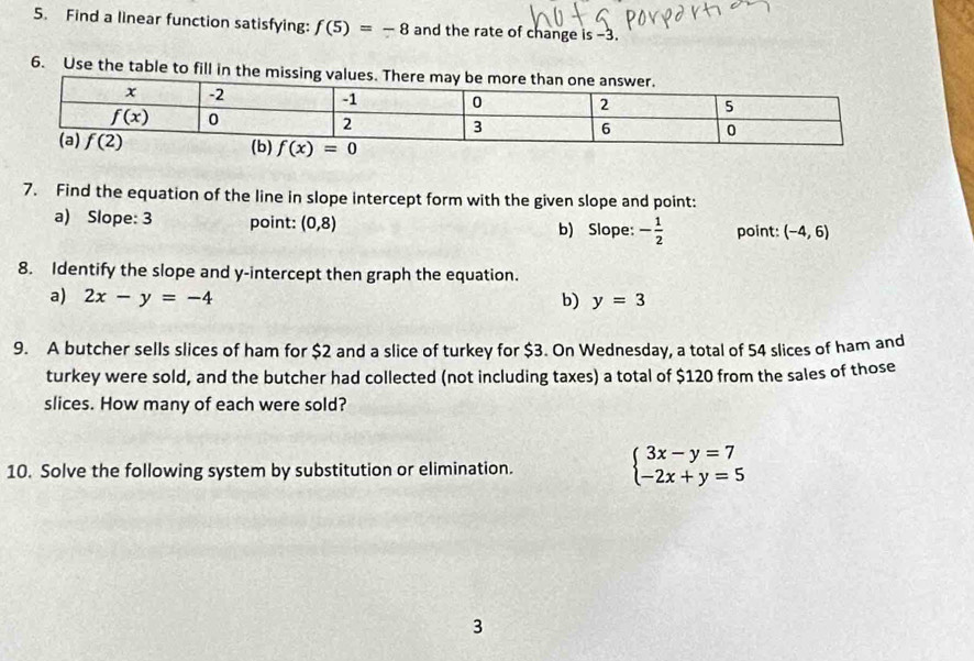 Find a linear function satisfying: f(5)=-8 and the rate of change is -3.
6. Use the table to fill in the miss
7. Find the equation of the line in slope intercept form with the given slope and point:
a) Slope: 3 point: (0,8) b) Slope: - 1/2  point: (-4,6)
8. Identify the slope and y-intercept then graph the equation.
a) 2x-y=-4 b) y=3
9. A butcher sells slices of ham for $2 and a slice of turkey for $3. On Wednesday, a total of 54 slices of ham and
turkey were sold, and the butcher had collected (not including taxes) a total of $120 from the sales of those
slices. How many of each were sold?
10. Solve the following system by substitution or elimination. beginarrayl 3x-y=7 -2x+y=5endarray.
3