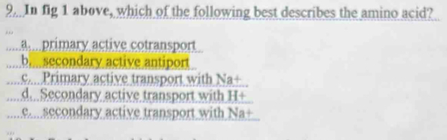 In fig 1 above, which of the following best describes the amino acid?
a. primary active cotransport
bisecondary active antiport
c.... Primary active transport with Na+
d. Secondary active transport with H+
ea secondary active transport with Na+