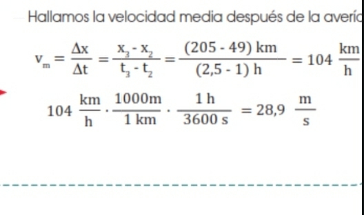 Hallamos la velocidad media después de la avería
v_m= △ x/△ t =frac x_3-x_2t_3-t_2= ((205-49)km)/(2,5-1)h =104 km/h 
104 km/h ·  1000m/1km ·  1h/3600s =28,9 m/s 