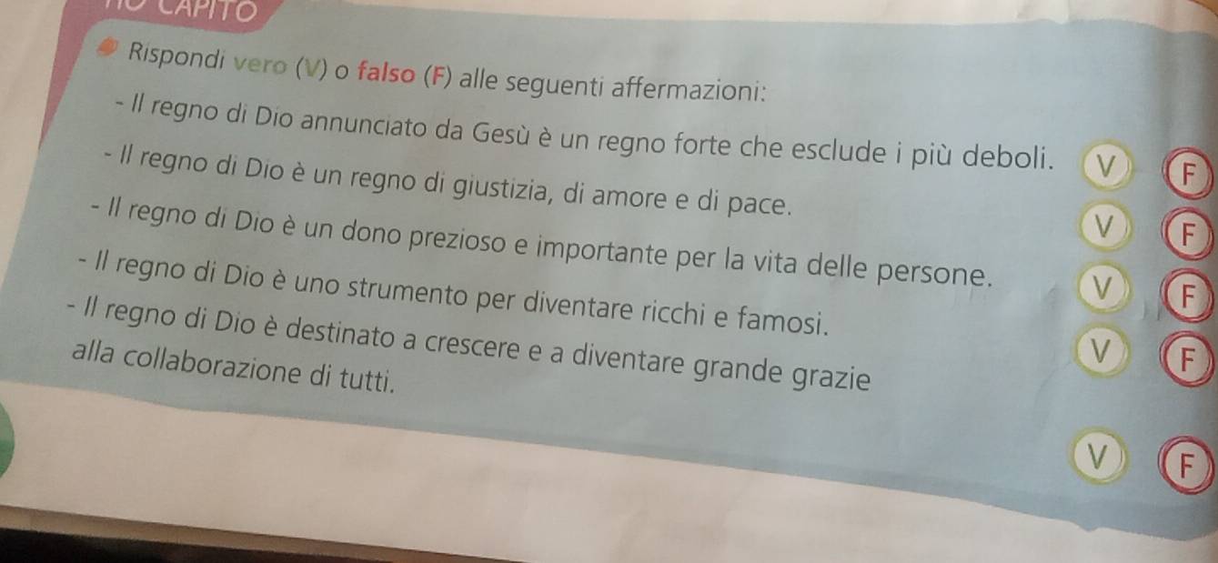 CAPITO 
Rispondi vero (V) o falso (F) alle seguenti affermazioni: 
- Il regno di Dio annunciato da Gesù è un regno forte che esclude i più deboli. V F 
- Il regno di Dio è un regno di giustizia, di amore e di pace. 
V F 
- Il regno di Dio è un dono prezioso e importante per la vita delle persone. F 
V 
- Il regno di Dio è uno strumento per diventare ricchi e famosi. V F 
- Il regno di Dio è destinato a crescere e a diventare grande grazie 
alla collaborazione di tutti. 
V F