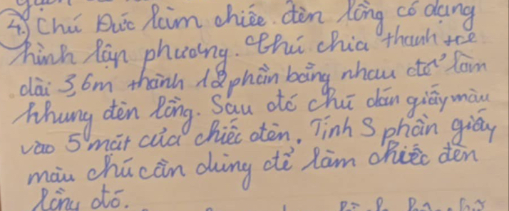 Chi Duc Raim chice dòn Xong có dang 
hinh Ran phuoing. thú chia thanh, tee 
dài 36m thành 1Qphàn bàng nhau colon 
Zhung dèn Ròng. Sau dó chu dǎn giāg màu 
vào 5) mat cuid chiéc otòn, Tinh S phàn giōn 
màu chū càn dìng dè làm chièi dén 
Rony oto.