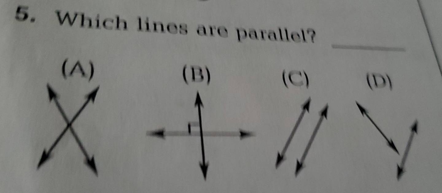 Which lines are parallel?
_
(A) (B)
(C) (D)