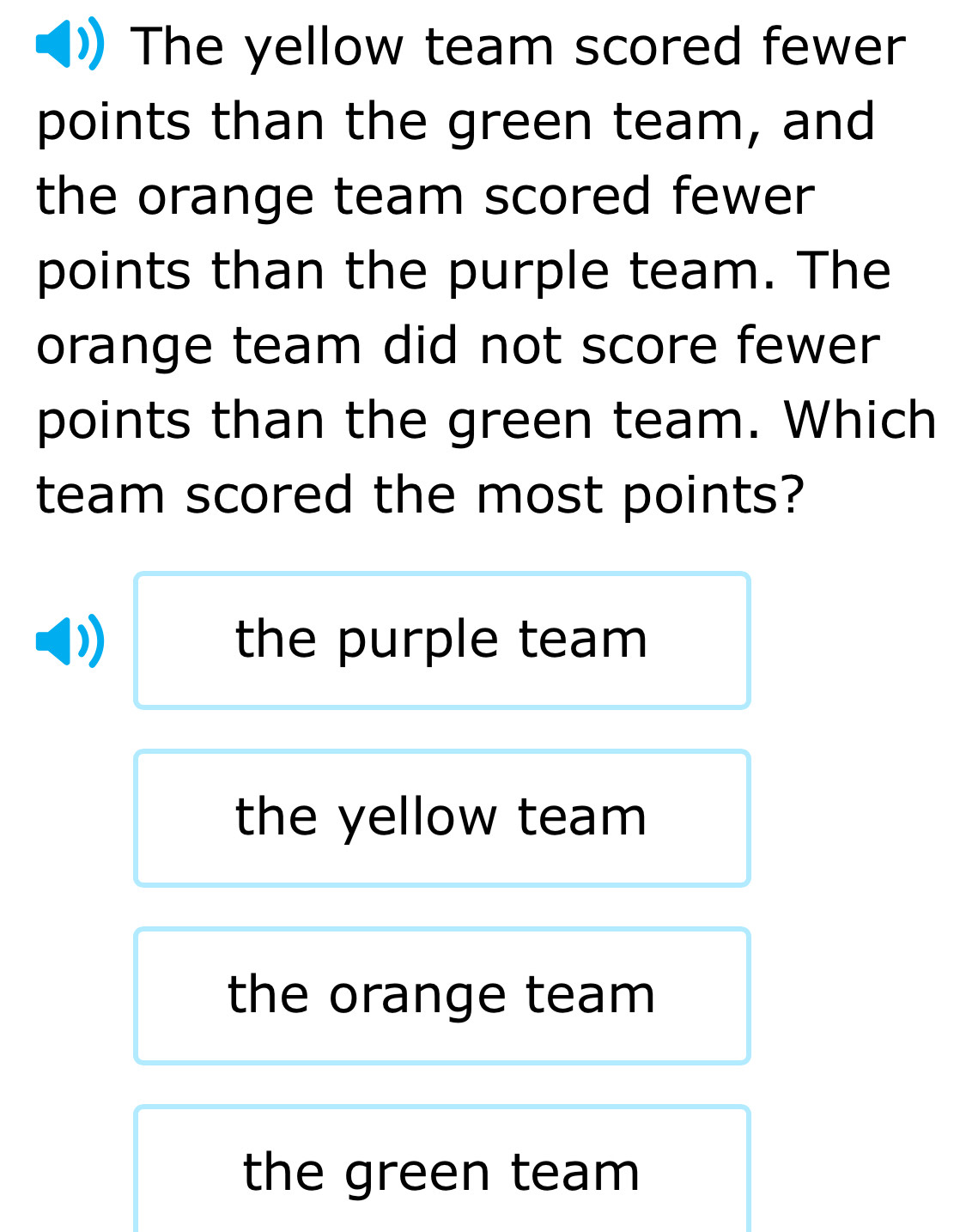 The yellow team scored fewer
points than the green team, and
the orange team scored fewer
points than the purple team. The
orange team did not score fewer
points than the green team. Which
team scored the most points?
the purple team
the yellow team
the orange team
the green team