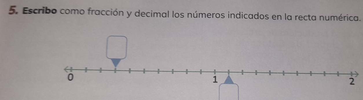 Escribo como fracción y decimal los números indicados en la recta numérica.