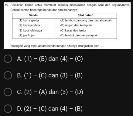 Pemilihan bahan untuk membuat sesuatu disesuaikan dengan sifat dan kegunaannya.
Berikut contoh beberapa benda dan sifat bahannya:
Pasangan yang tepat antara benda dengan sifatnya ditunjukkan oleh ....
A. (1)-(B) dan(4)-(C)
B. (1)-(C)dan(3)-(B)
C. (2)-(A)dan(3)-(D)
D. (2)-(C)dan(4)-(B)