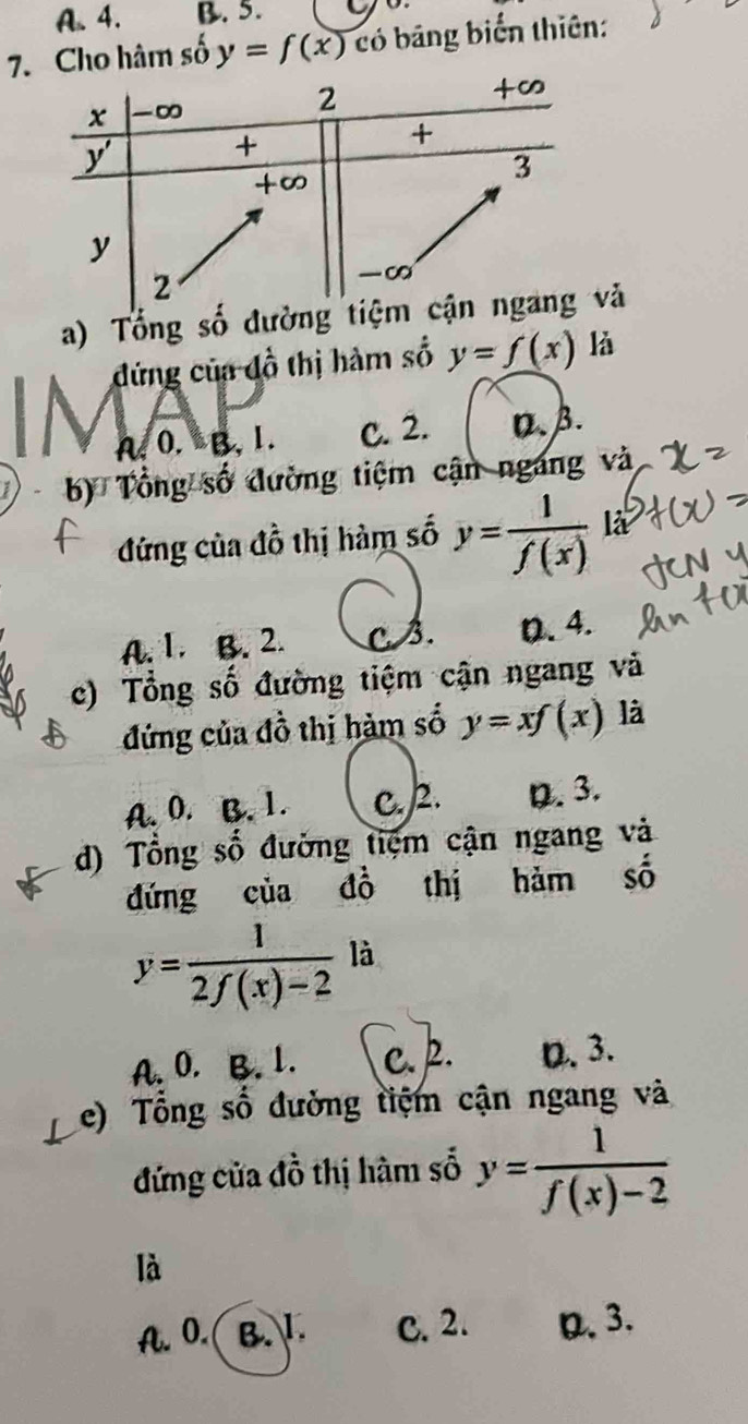 A. 4. B. 5.    
7. Cho hâm số y=f(x) có bảng biển thiên:
a) Tổng số đường tvà
đứng của đồ thị hàm số y=f(x) là
A. 0. B, 1. C. 2. D.β.
b) Tổng số đường tiệm cận ngang và
đứng của đồ thị hàm số y= 1/f(x)  là
A. 1. B. 2. B. D. 4.
c) Tổng số đường tiệm cận ngang và
đứng của đồ thị hàm số y=xf(x) là
A. 0. B. 1. c.2. D. 3.
d) Tổng số đường tiệm cận ngang và
đứng của đồ thị hàm số
y= 1/2f(x)-2  là
A. 0. B. 1. c.p. D. 3.
e) Tổng số đường tiệm cận ngang và
đứng cửa đồ thị hàm số y= 1/f(x)-2 
là
A. 0.( B. 1. C. 2. D. 3.