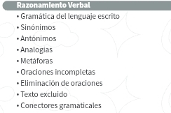 Razonamiento Verbal
Gramática del lenguaje escrito
Sinónimos
Antónimos
Analogias
Metáforas
Oraciones incompletas
Eliminación de oraciones
Texto excluido
Conectores gramaticales