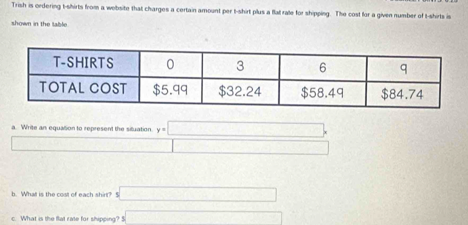 Trish is ordering t-shirts from a website that charges a certain amount per t-shirt plus a flat rate for shipping. The cost for a given number of t-shirts is 
shown in the table. 
a. Write an equation to represent the situation. y=□ x
□ 
b. What is the cost of each shirt? S □ 
c. What is the flat rate for shipping? $ □