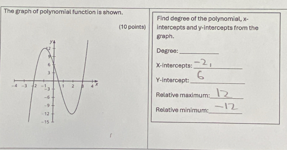 The graph of polynomial function is shown. 
Find degree of the polynomial, x - 
(10 points) intercepts and y-intercepts from the 
graph. 
Degree:_ 
X-intercepts:_ 
Y-intercept:_ 
Relative maximum: 
_ 
Relative minimum:_