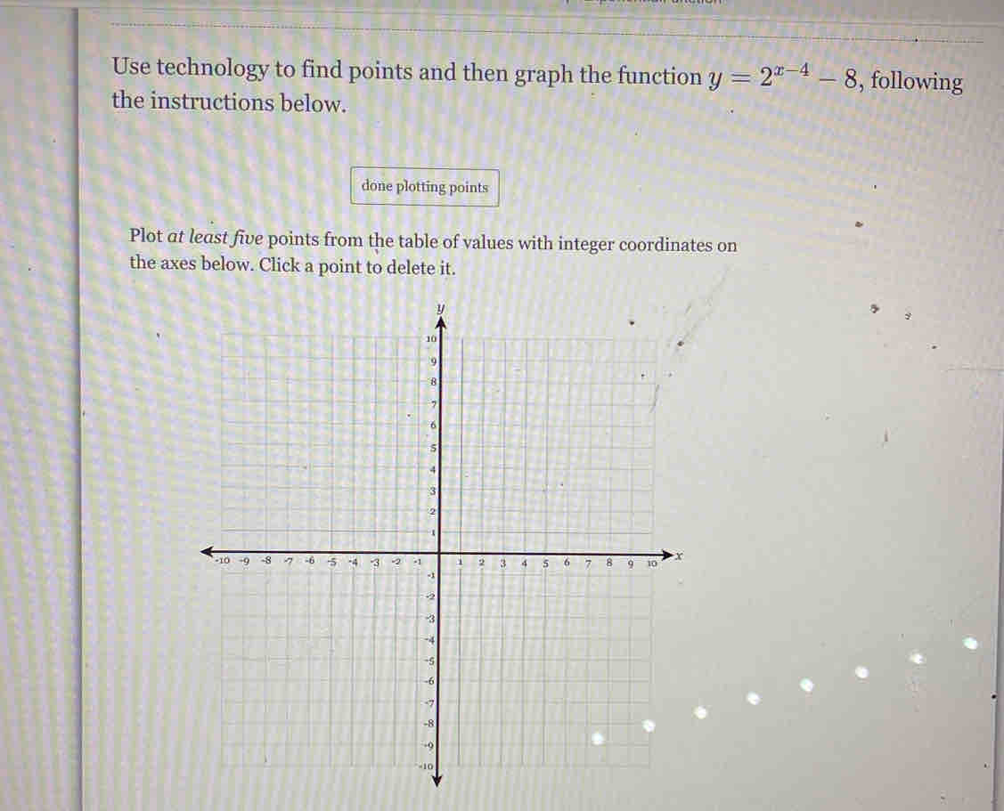 Use technology to find points and then graph the function y=2^(x-4)-8 , following 
the instructions below. 
done plotting points 
Plot at least five points from the table of values with integer coordinates on 
the axes below. Click a point to delete it.