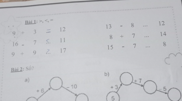 , , =
13-8... _ □  12
9)+3=12
_ 8+7...14
16-7.5.11
15-7... _
9+9 2.17
Bài 2: Số?
b)
a)
2+7
-10
+ 6 ,
+3
5
5