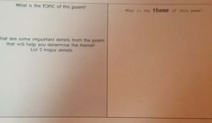 What is the TOPIC of this poem? 
What is the theme of this poem? 
hat are some important details from the poem . 
that will help you determine the theme? 
List 2 major details.